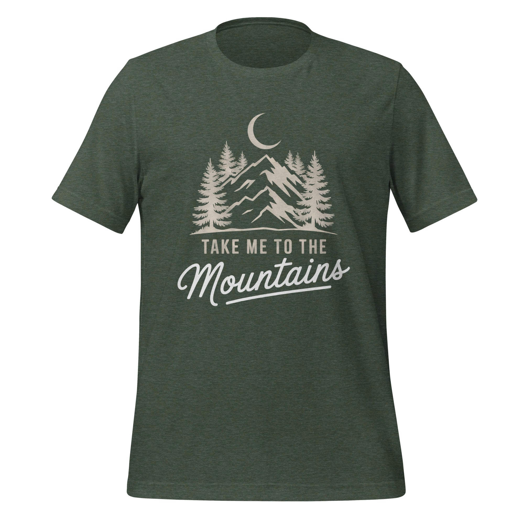 T-shirt unisexe gris clair avec un design nature "Take Me to the Mountains", montagnes, arbres et lune, style aventure.