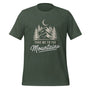 T-shirt unisexe gris clair avec un design nature "Take Me to the Mountains", montagnes, arbres et lune, style aventure.