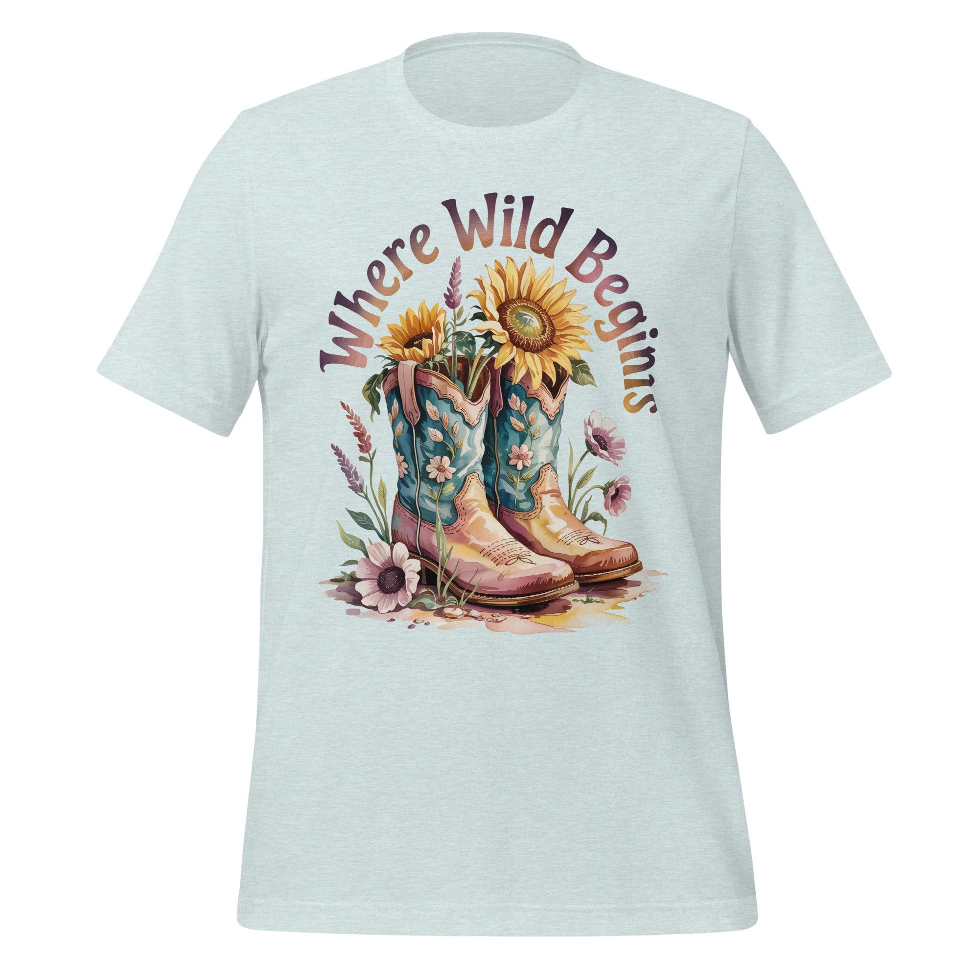 T-shirt unisexe blanc avec un design bohème "Where Wild Begins", bottes de cowboy remplies de fleurs (tournesols, marguerites), style champêtre.
