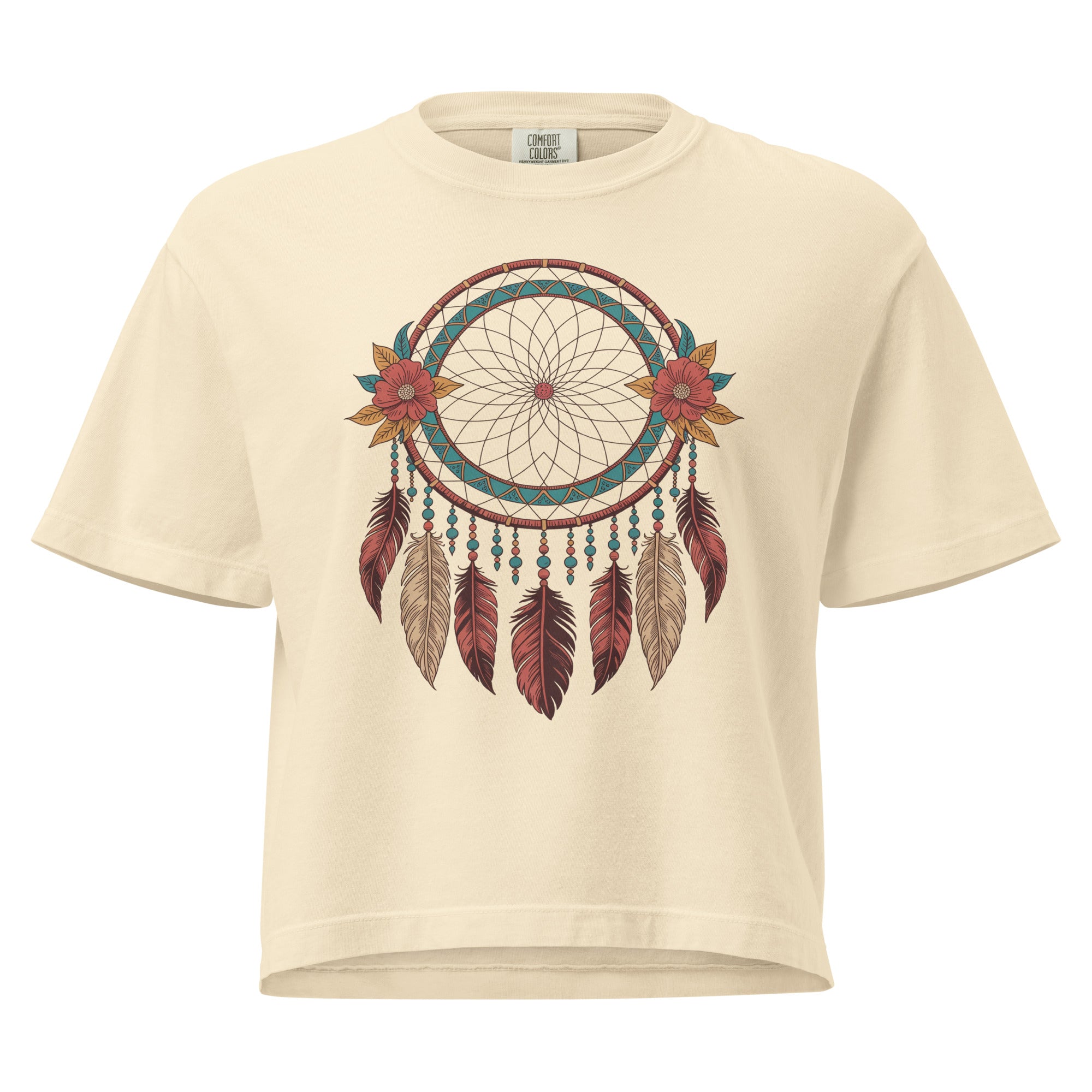T-shirt épais boxy crème avec motif attrape-rêves au recto, 100% coton américain, style bohème décontracté.