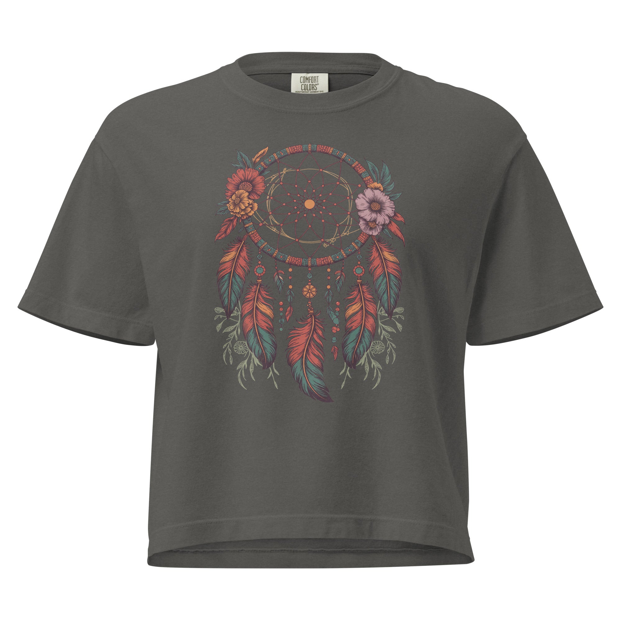 T-shirt épais boxy gris avec motif attrape-rêves au recto, 100% coton américain, style bohème décontracté.
