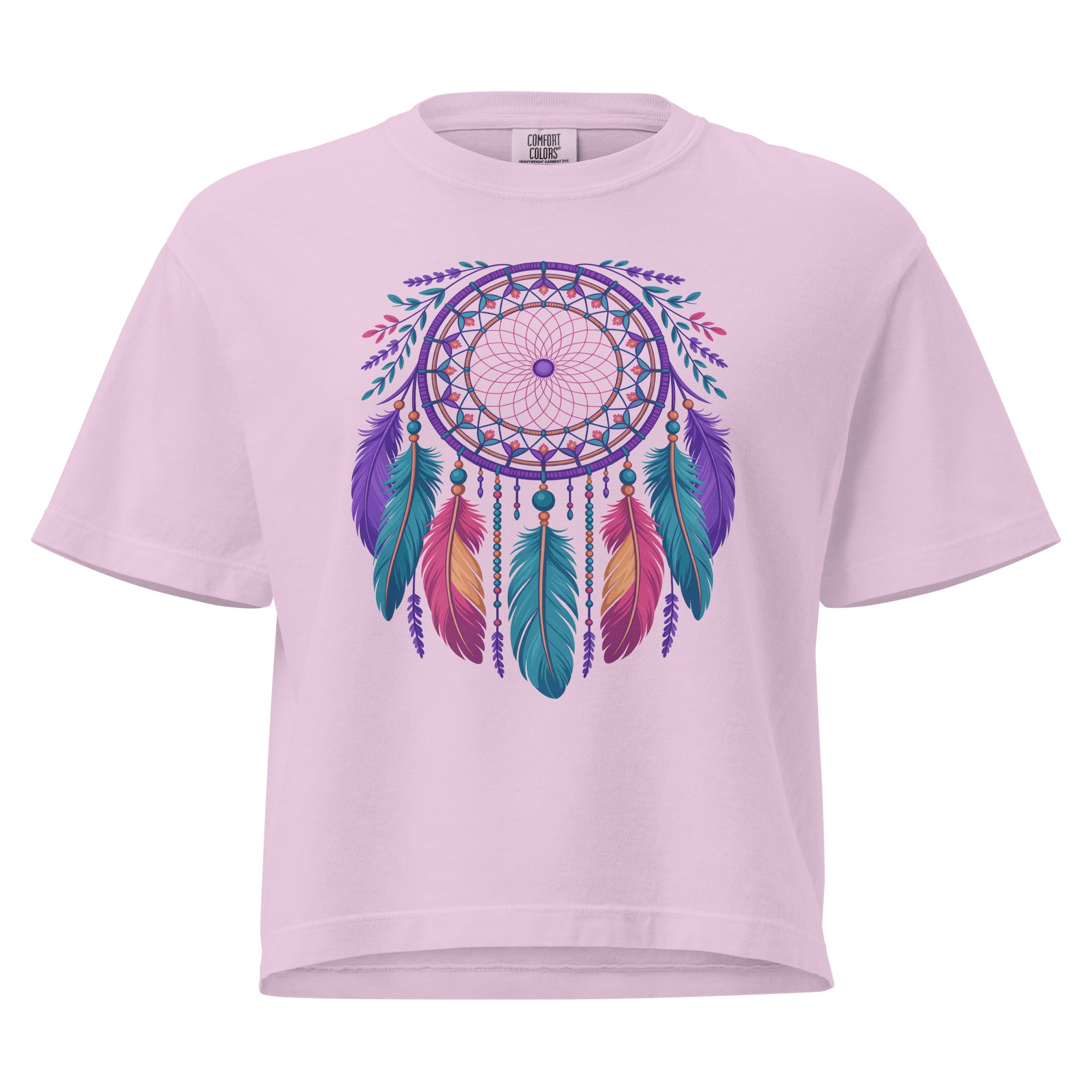 T-shirt épais boxy rose avec motif attrape-rêves au recto, 100% coton américain, style coloré décontracté.