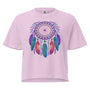 T-shirt épais boxy rose avec motif attrape-rêves au recto, 100% coton américain, style coloré décontracté.