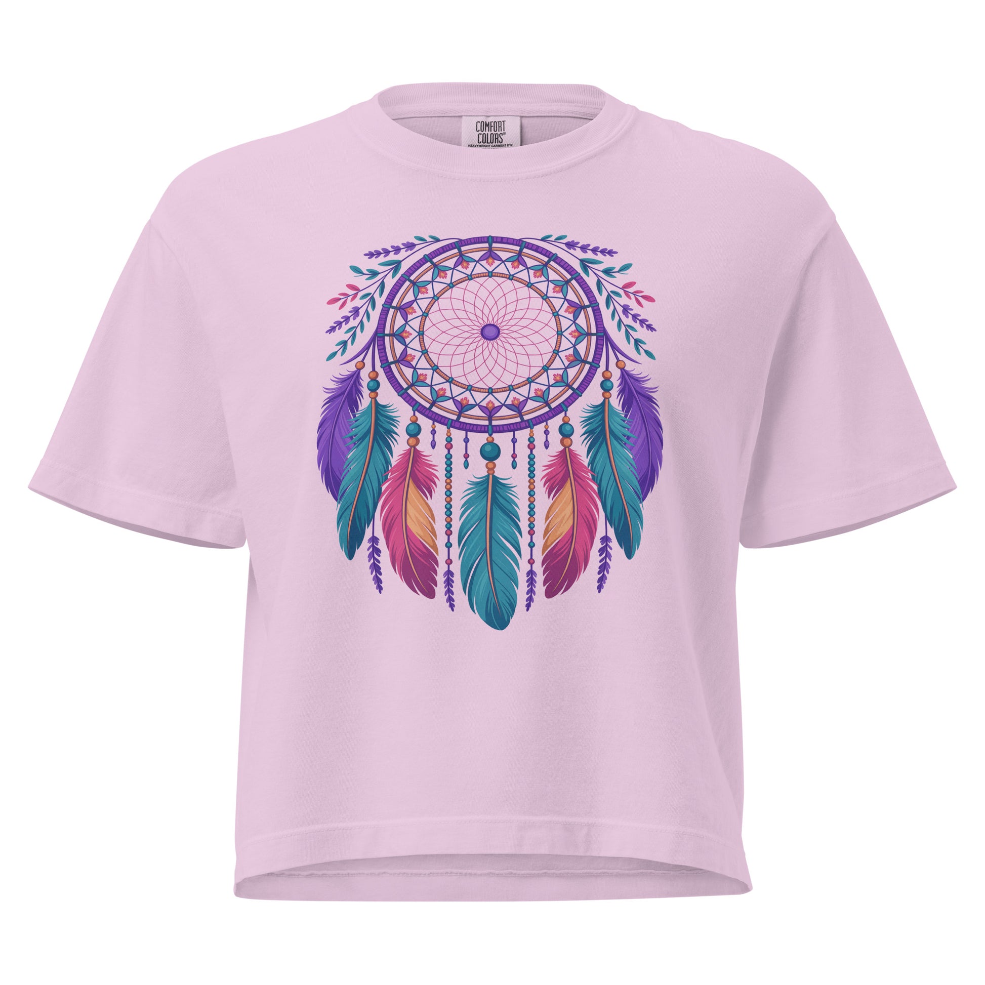 T-shirt épais boxy rose avec motif attrape-rêves au recto, 100% coton américain, style coloré décontracté.