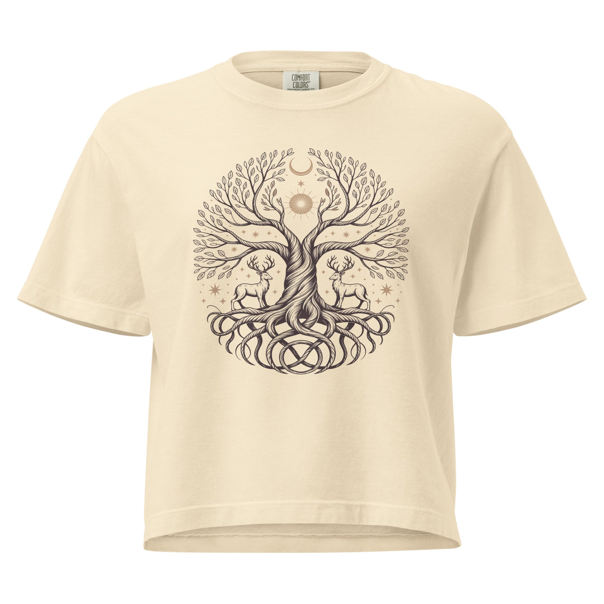 T-shirt boho beige avec arbre de vie, cerfs et astres, 100% coton, style tee shirt bohème naturel et mystique.
