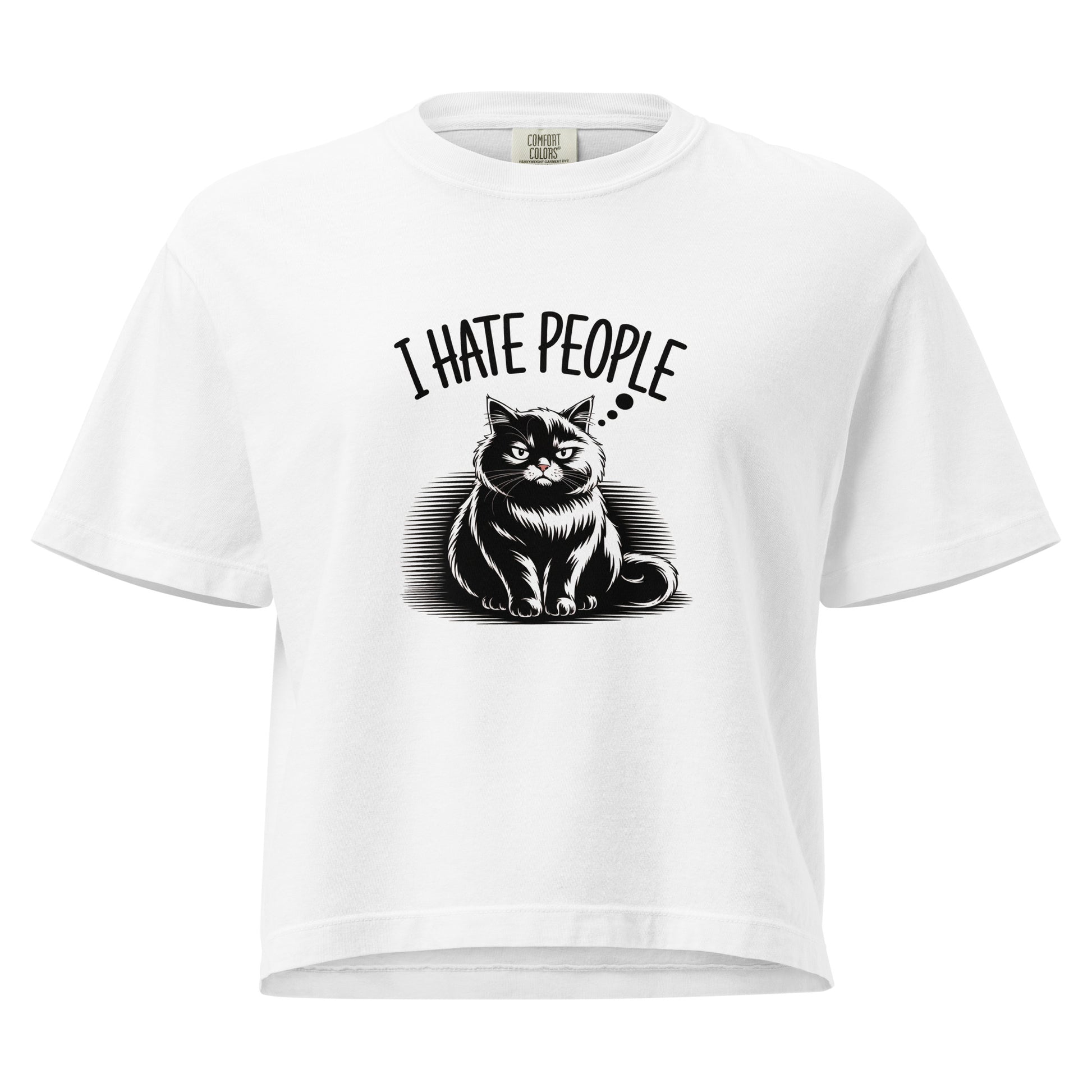T-shirt boho blanc avec chat noir grincheux et texte “I Hate People”, 100% coton, style tee shirt bohème décalé et audacieux.