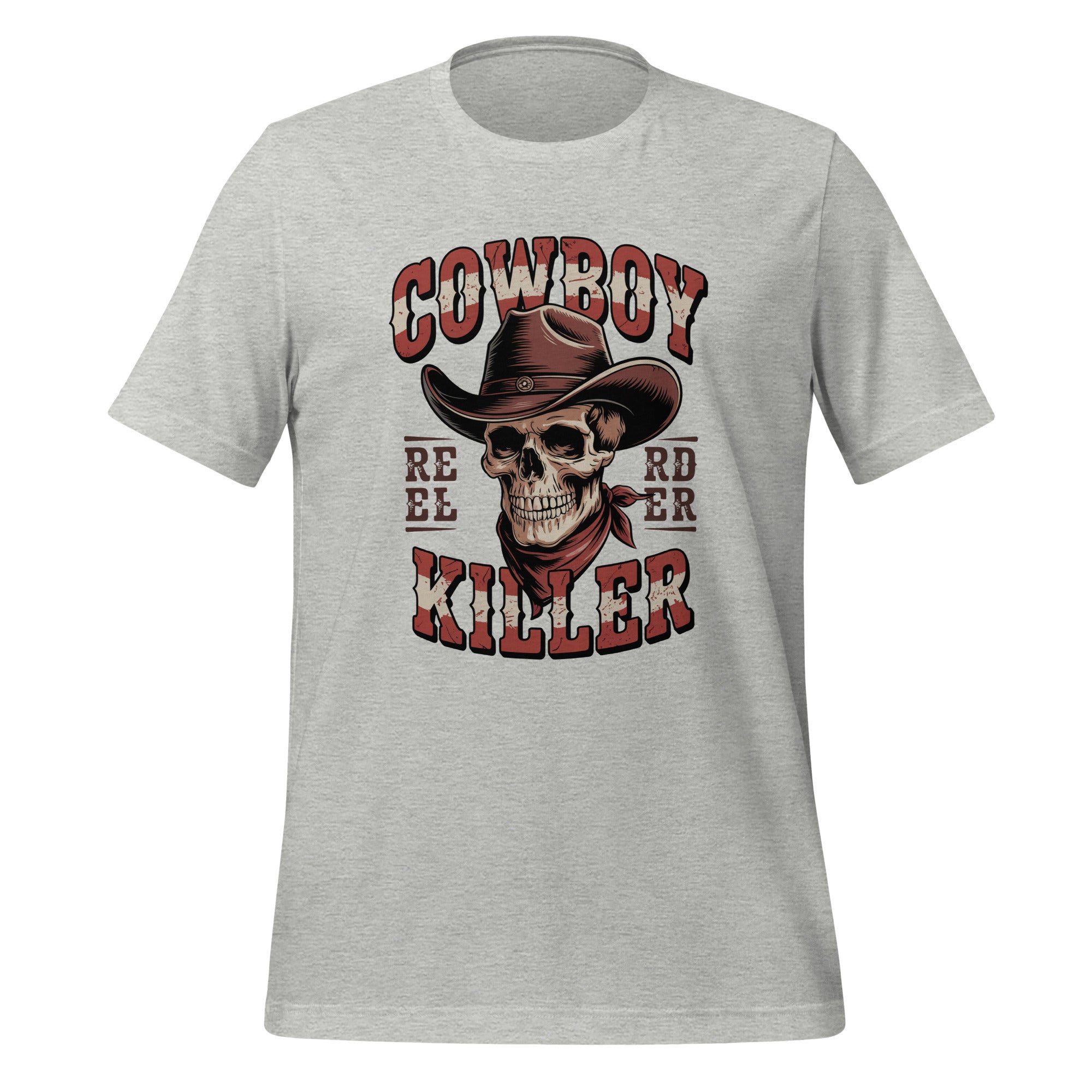 T-shirt gris clair avec un design de crâne de cowboy au chapeau, bandana et texte 'COWBOY KILLER' en rouge et blanc, thème western