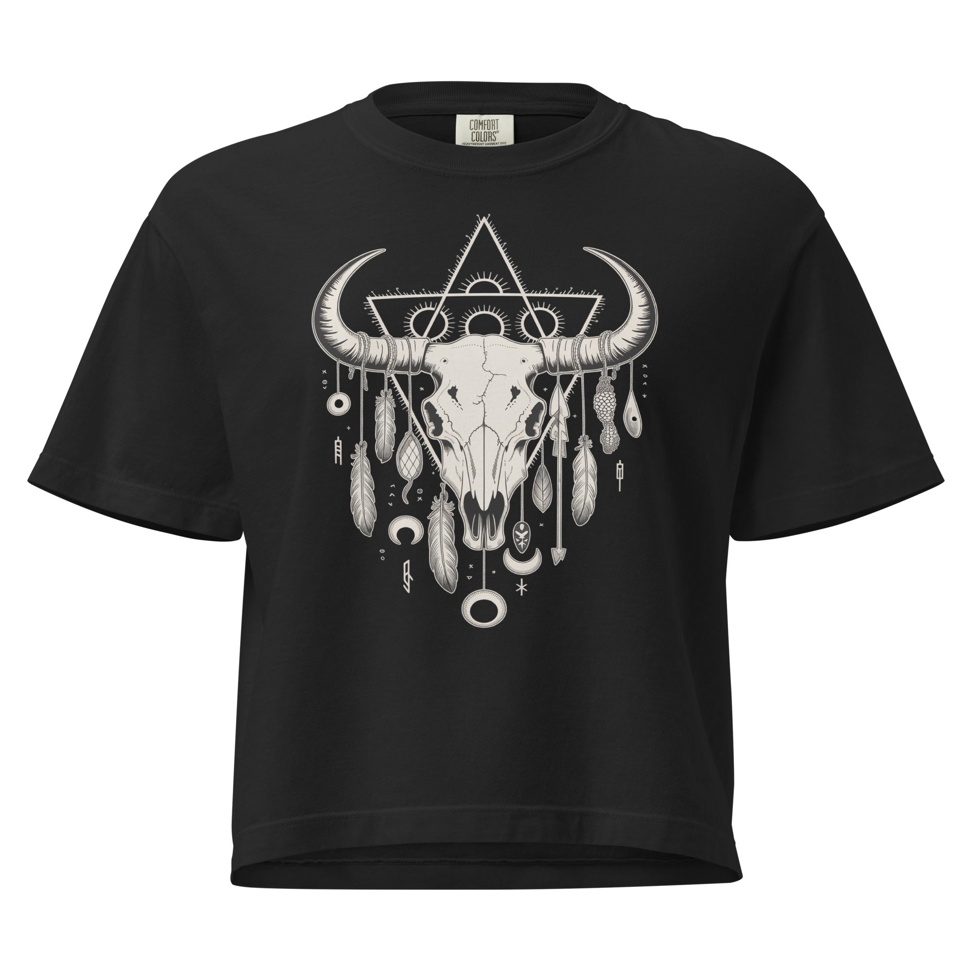 T-shirt épais boxy noir avec motif crâne de bison au recto, 100% coton américain, style tribal décontracté.