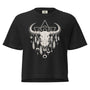 T-shirt épais boxy noir avec motif crâne de bison au recto, 100% coton américain, style tribal décontracté.