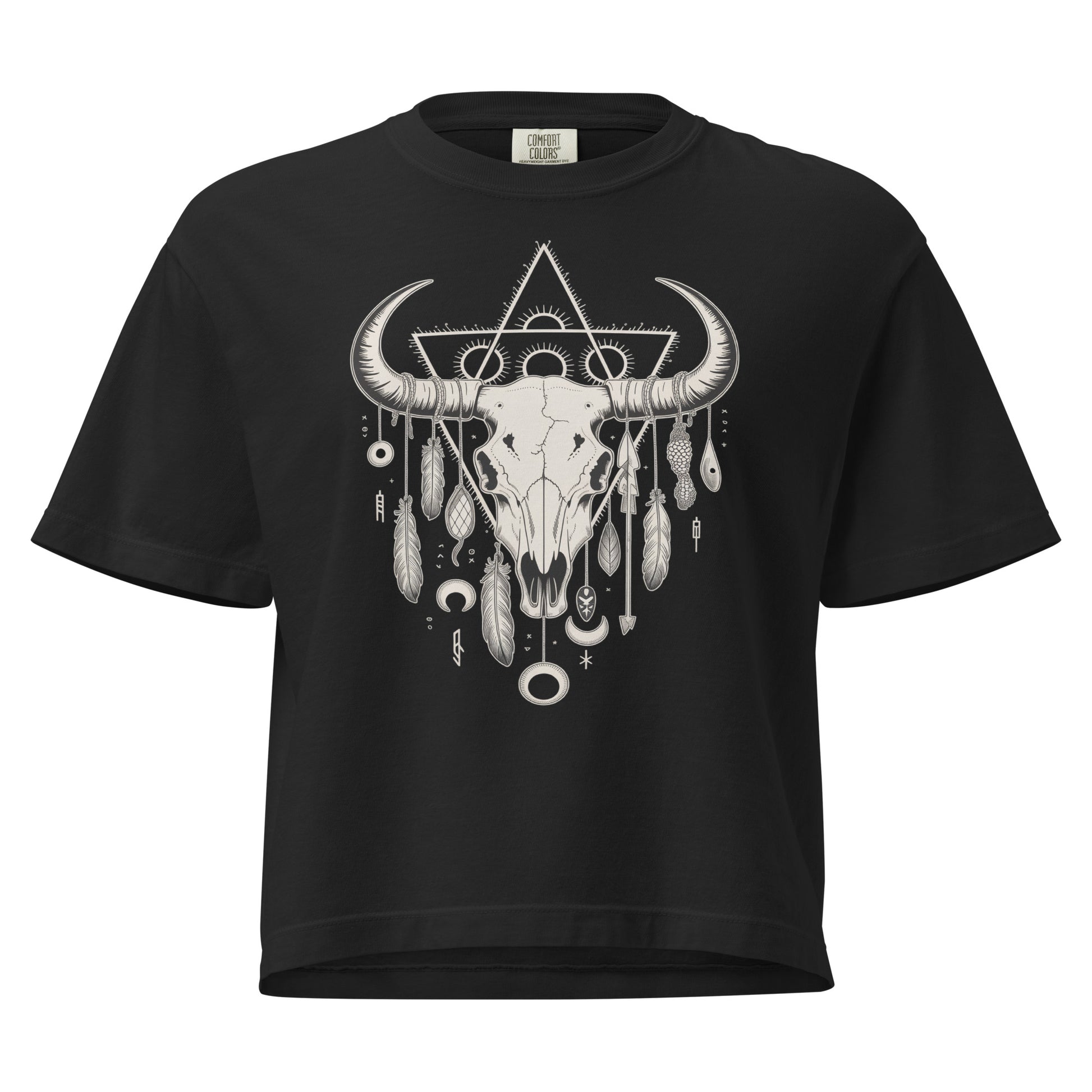 T-shirt épais boxy noir avec motif crâne de bison au recto, 100% coton américain, style tribal décontracté.