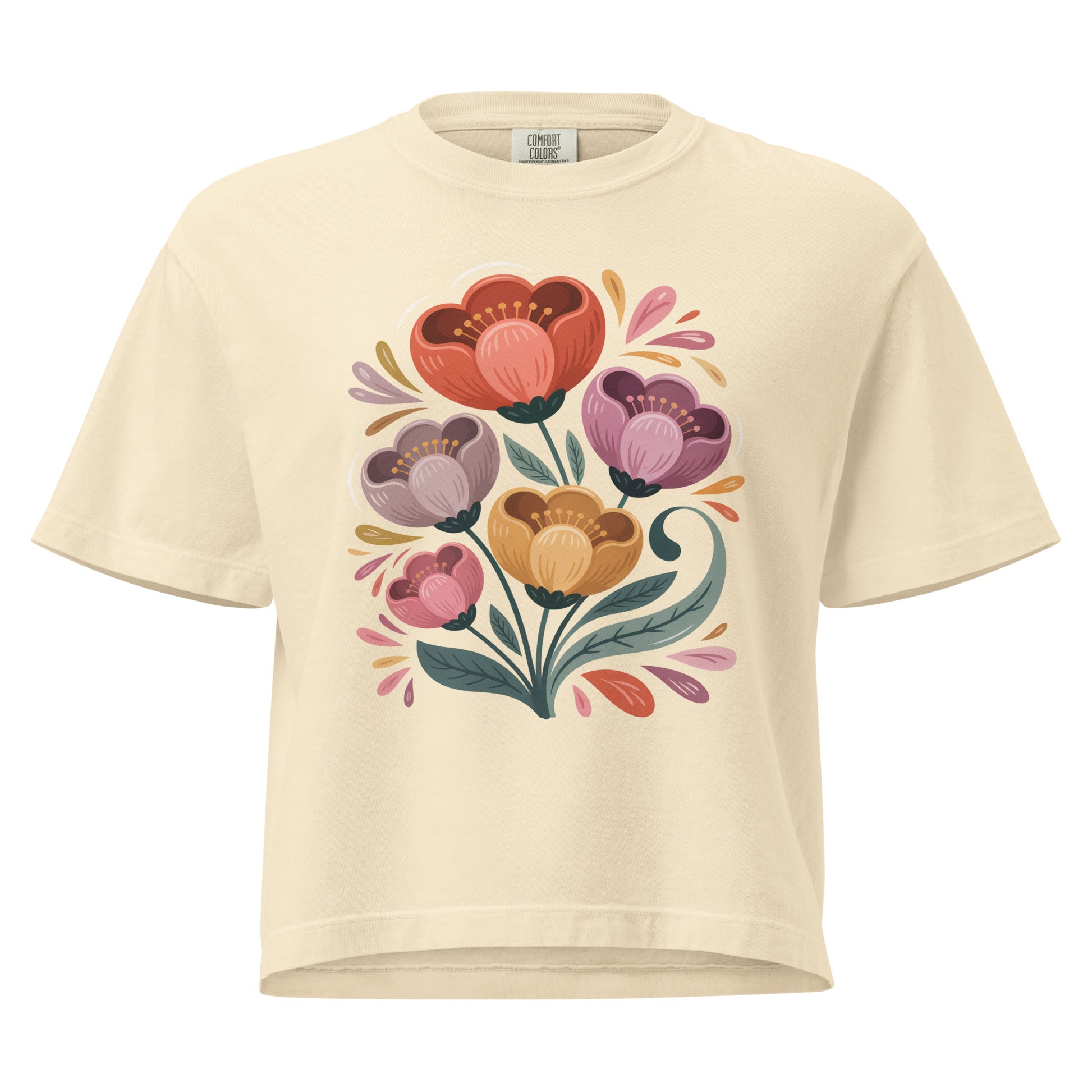 T-shirt épais boxy crème avec motif floral multicolore au recto, 100% coton américain, style artistique décontracté.