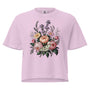 T-shirt épais boxy rose avec motif floral et papillon au recto, 100% coton américain, style artistique décontracté.