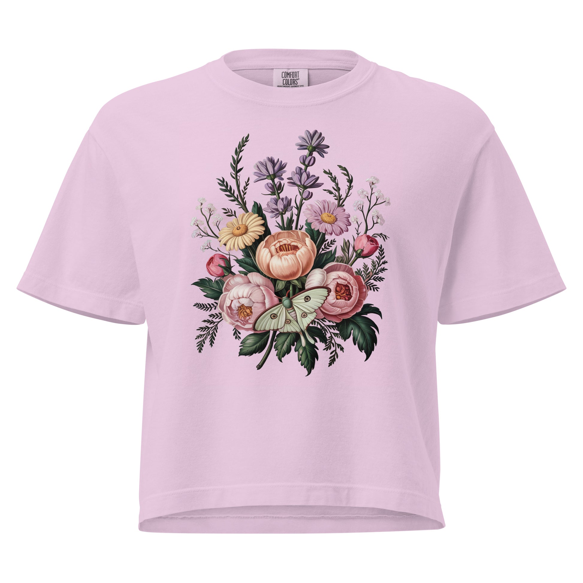 T-shirt épais boxy rose avec motif floral et papillon au recto, 100% coton américain, style artistique décontracté.