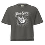 T-shirt épais boxy gris avec motif colombe "Free Spirit" au recto, 100% coton américain, style spirituel décontracté.