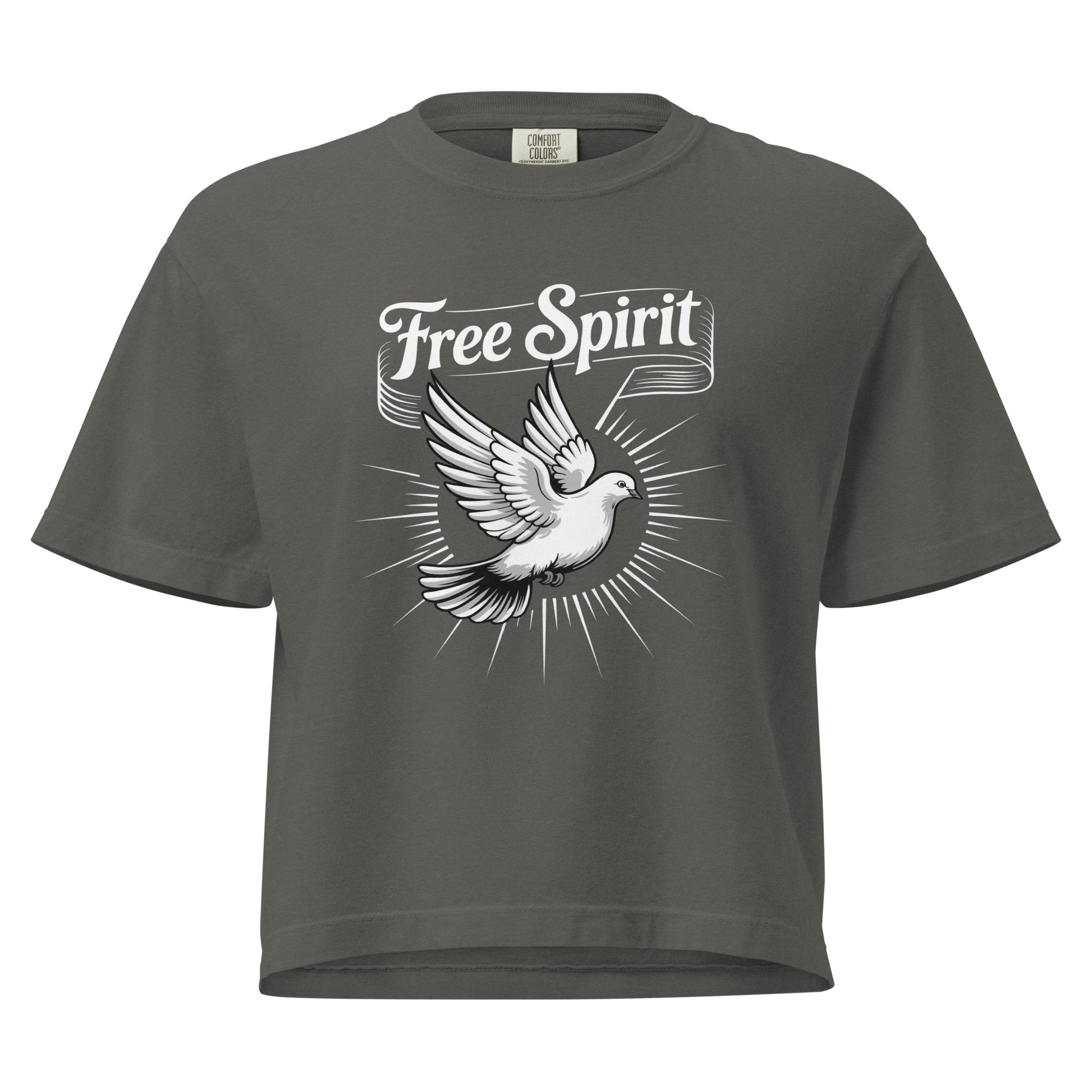 T-shirt épais boxy gris avec motif colombe "Free Spirit" au recto, 100% coton américain, style spirituel décontracté.