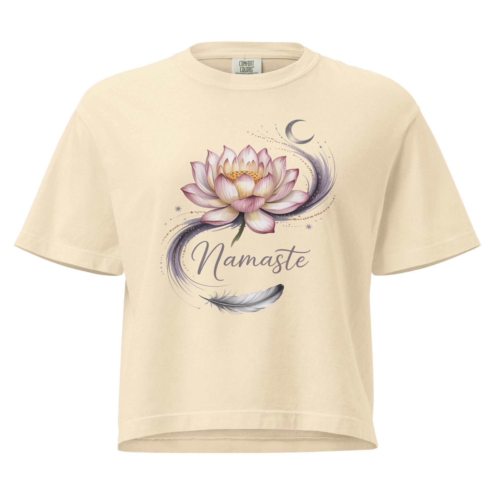 T-shirt épais boxy jaune avec motif fleur de lotus et texte "Namasté" au recto, 100% coton américain, style paisible décontracté.