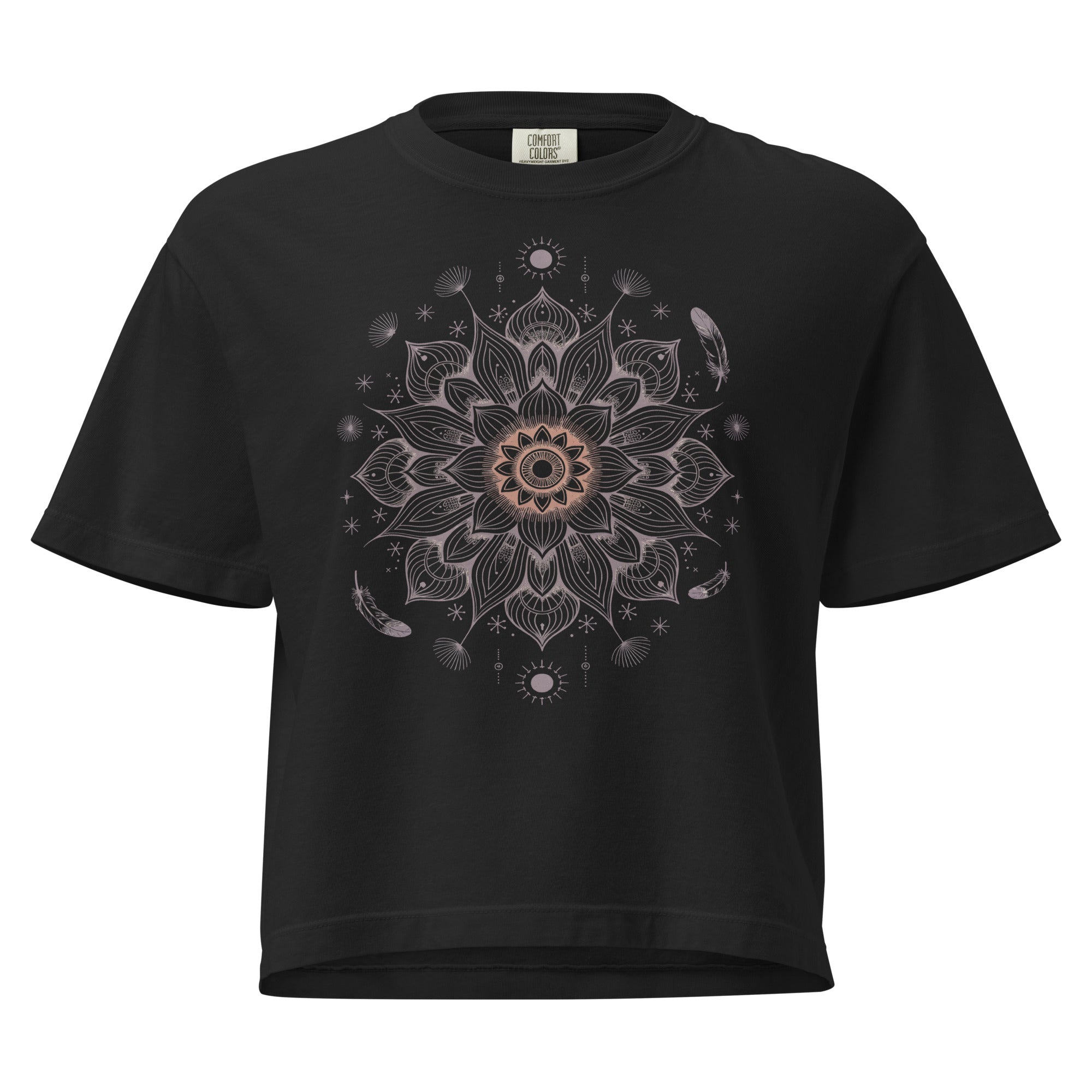 T-shirt épais boxy noir avec motif mandala au recto, 100% coton américain, style spirituel décontracté.