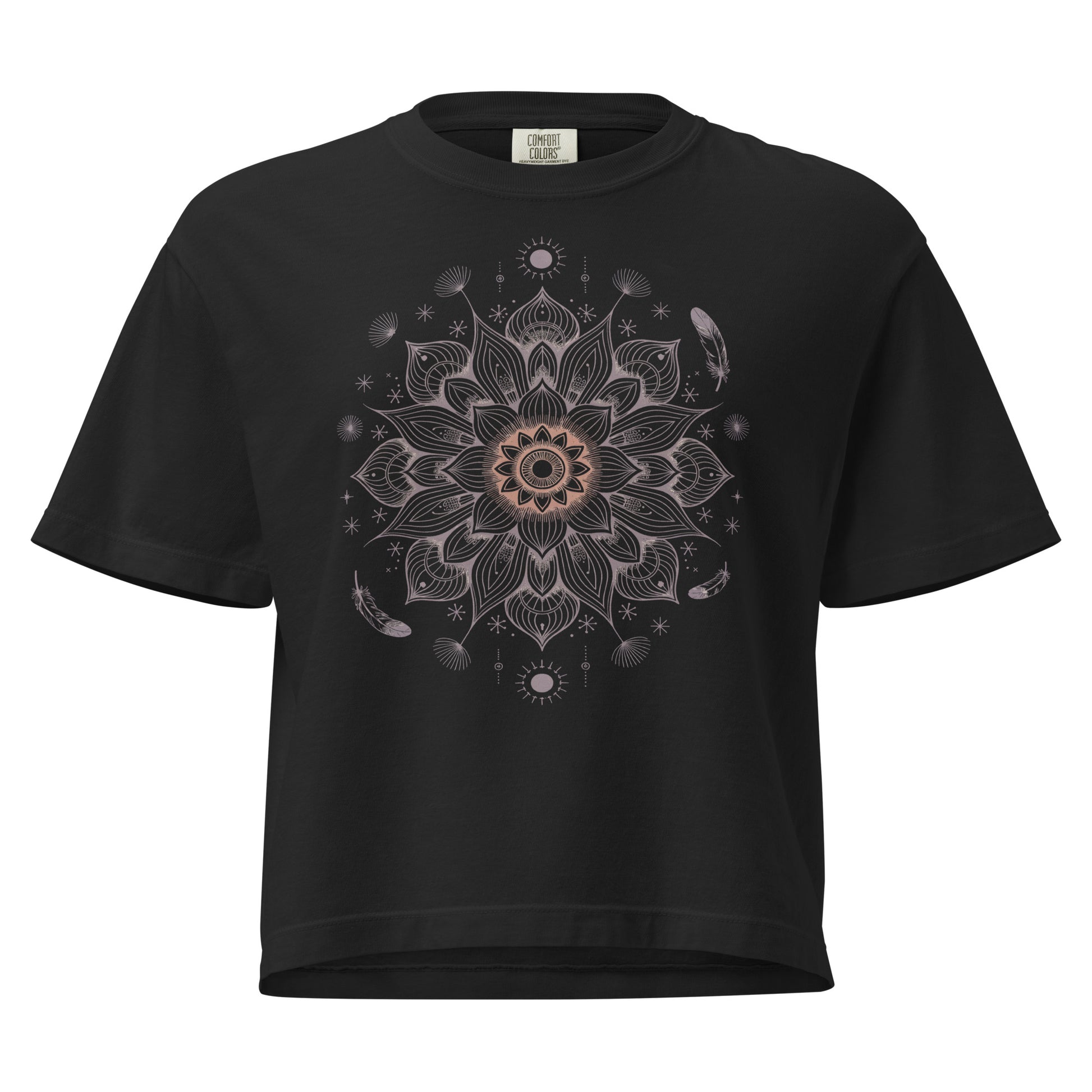 T-shirt épais boxy noir avec motif mandala au recto, 100% coton américain, style spirituel décontracté.