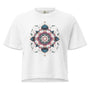 T-shirt épais boxy blanc avec motif mandala floral au recto, 100% coton américain, style onirique décontracté.