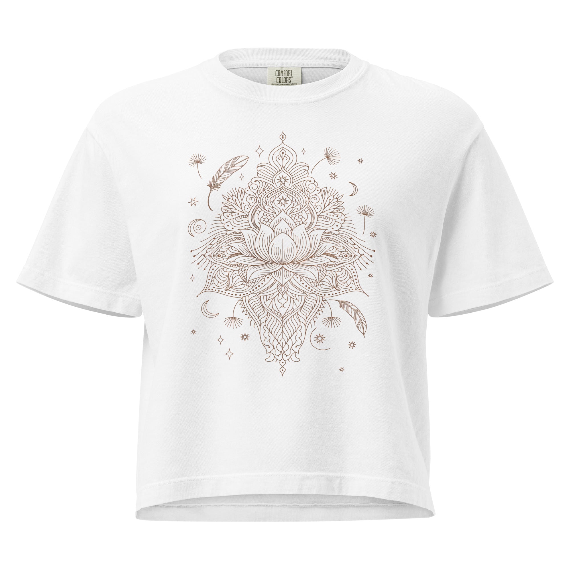T-shirt épais boxy blanc avec motif mandala floral au recto, 100% coton américain, style spirituel décontracté.