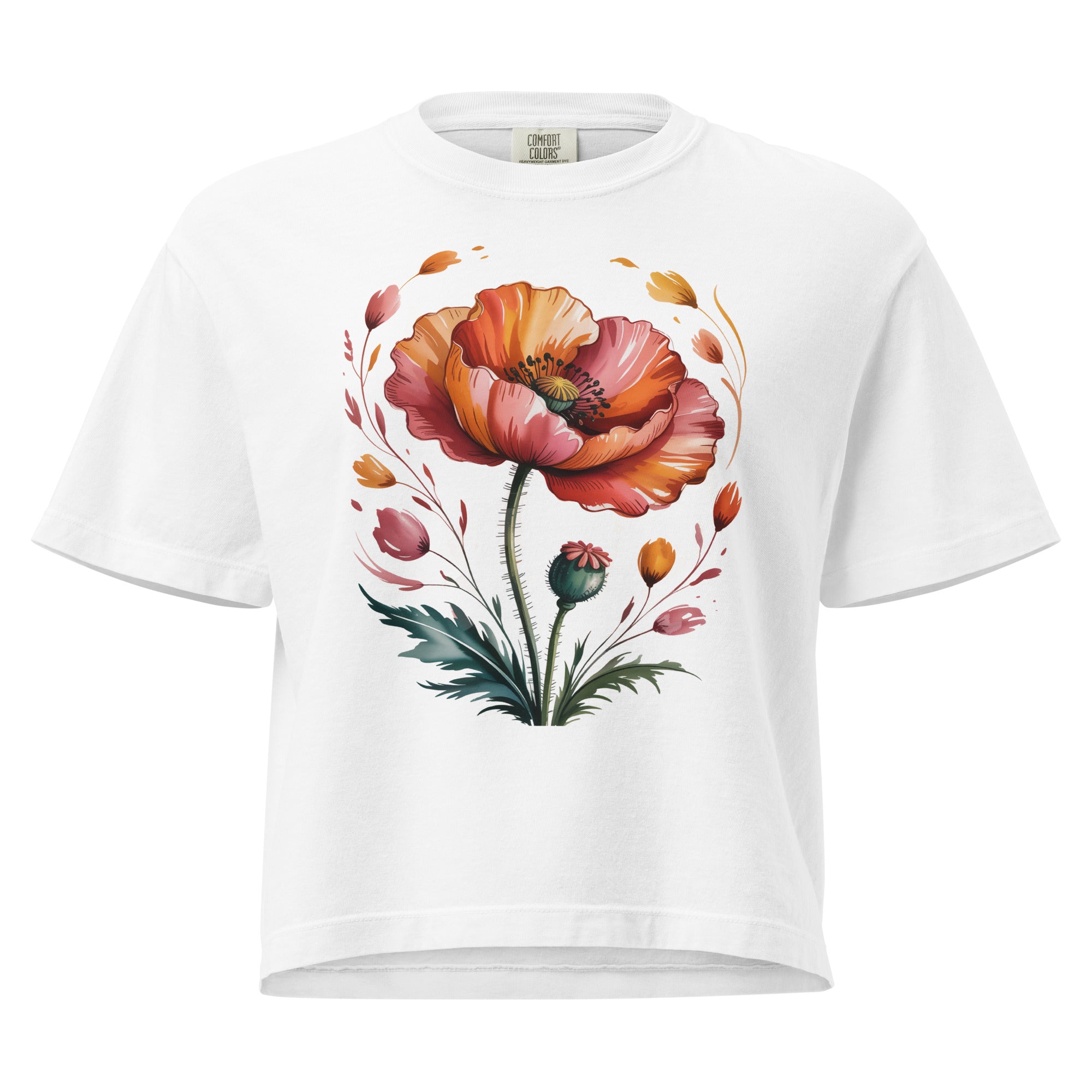 T-shirt épais boxy blanc avec motif pavot multicolore au recto, 100% coton américain, style artistique naturel.
