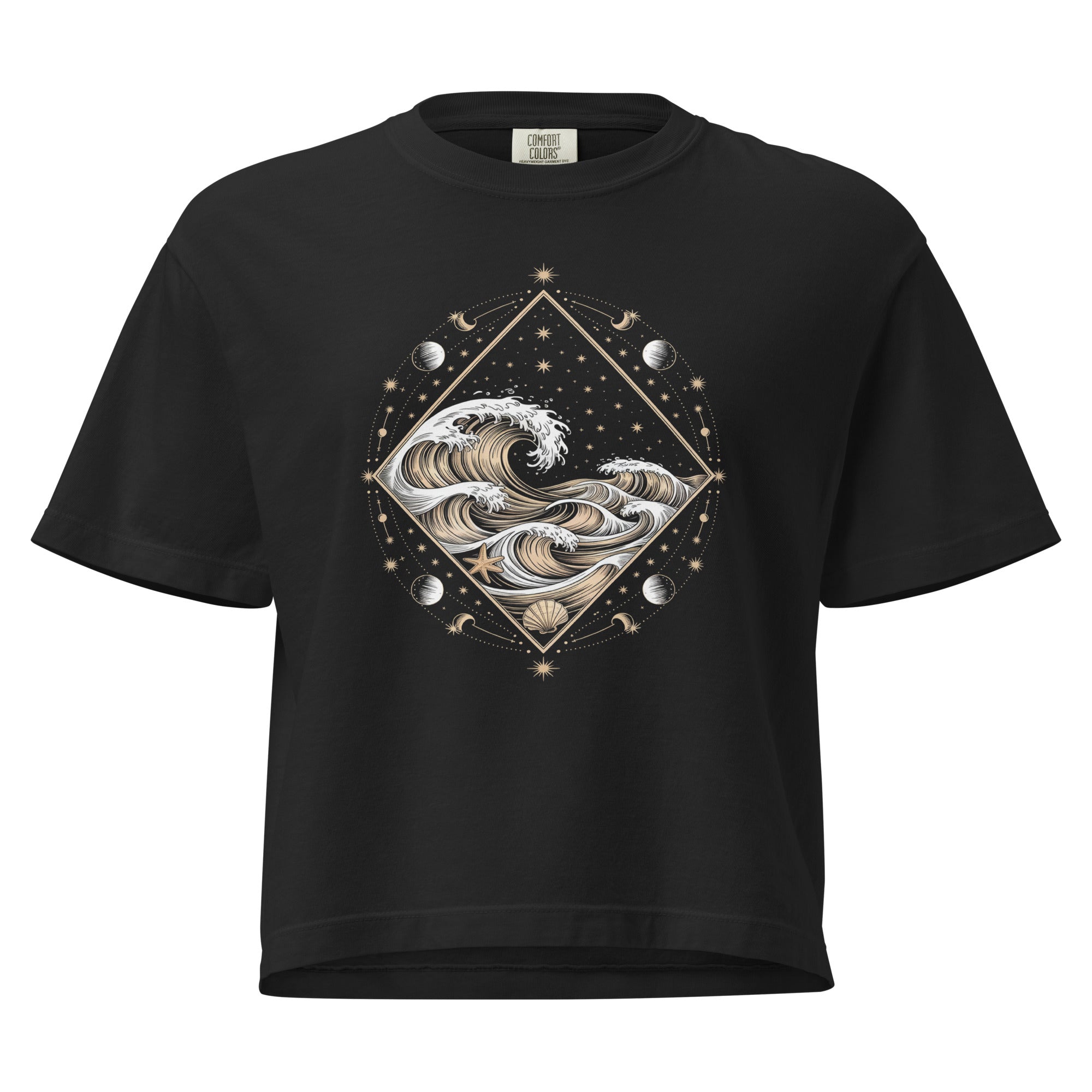 T-shirt épais boxy noir avec motif vagues célestes au recto, 100% coton américain, style cosmique décontracté.