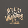 Hoodie unisexe charbon, vue de face, lettrage sable « Not Lost Just Wandering » au-dessus d'une botte de randonnée