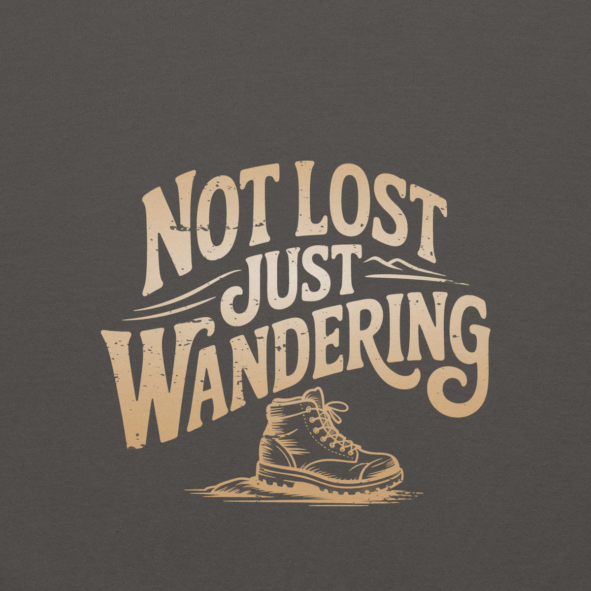 Hoodie unisexe charbon, vue de face, lettrage sable « Not Lost Just Wandering » au-dessus d'une botte de randonnée