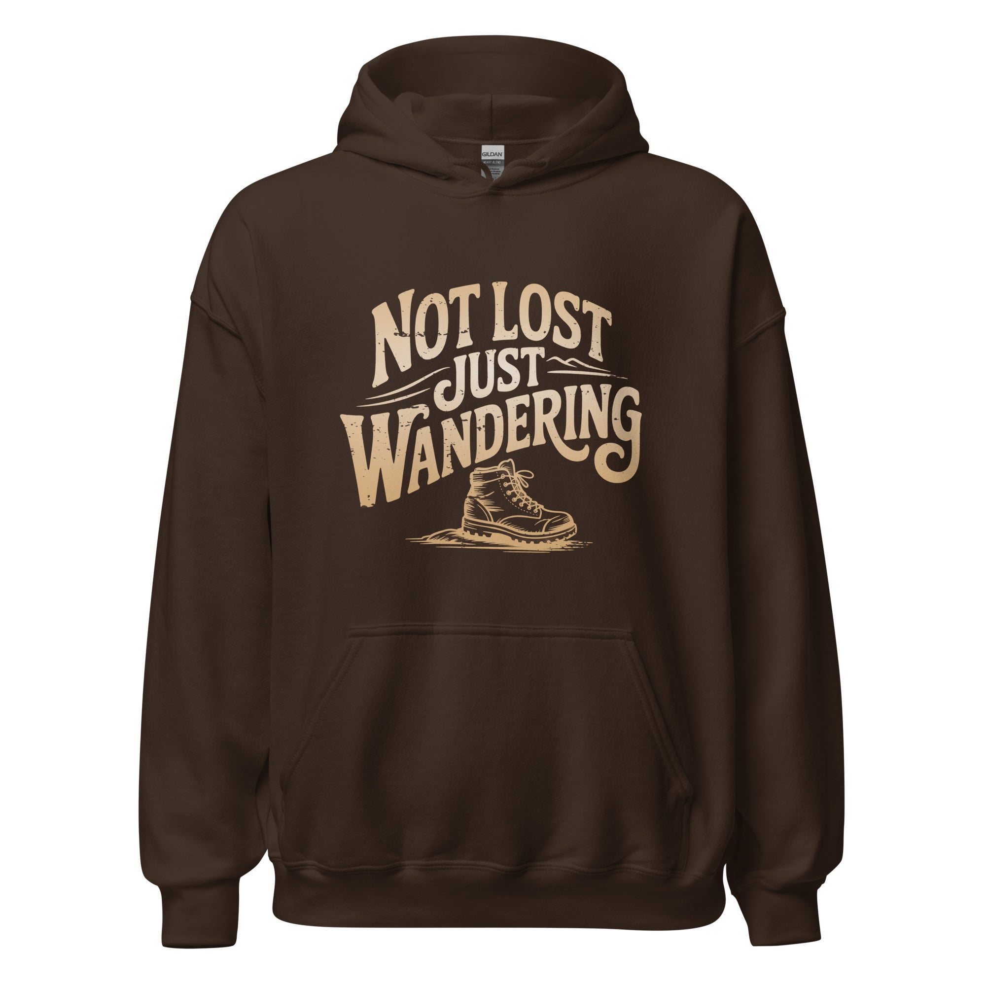 Hoodie unisexe chocolat foncé, vue de face, imprimé « Not Lost Just Wandering » avec botte de randonnée