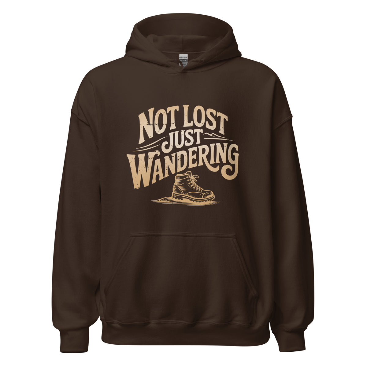 Hoodie unisexe chocolat foncé, vue de face, imprimé « Not Lost Just Wandering » avec botte de randonnée