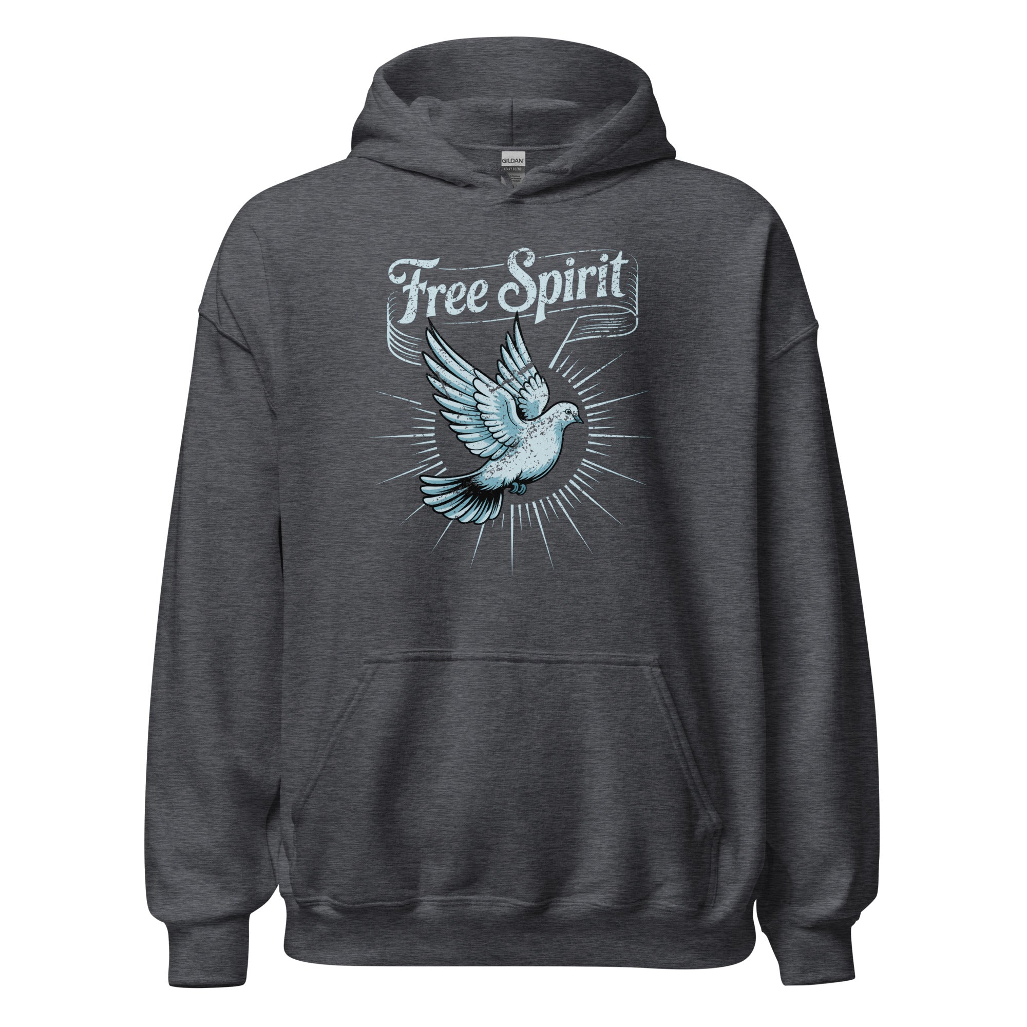 Hoodie unisexe Dark Heather vu de face, avec une colombe en vol et le slogan « Free Spirit » imprimé