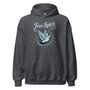 Hoodie unisexe Dark Heather vu de face, avec une colombe en vol et le slogan « Free Spirit » imprimé