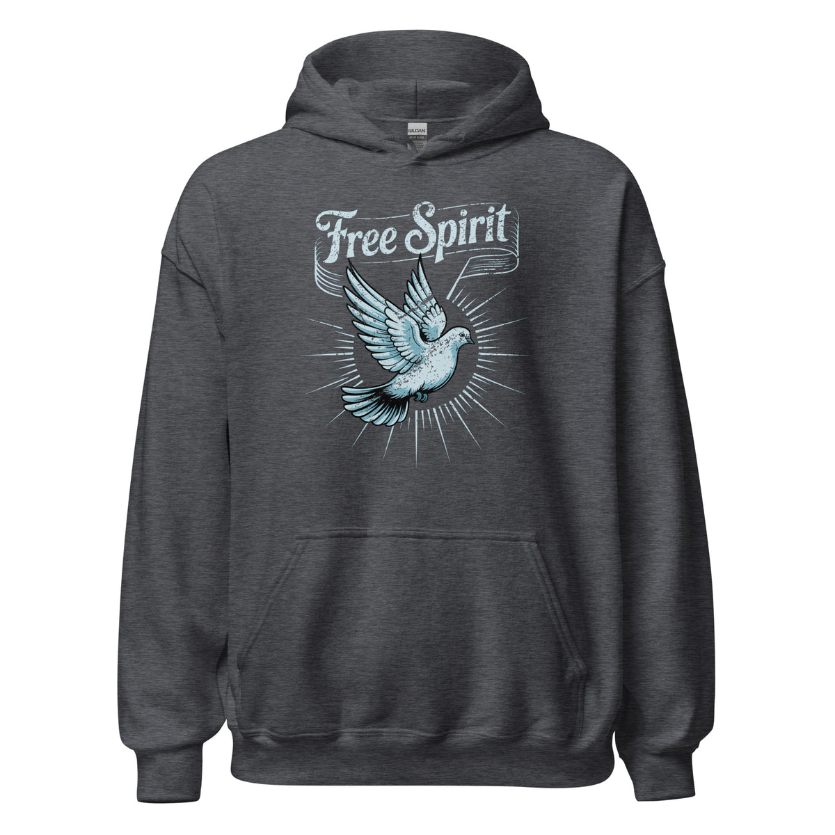Hoodie unisexe Dark Heather vu de face, avec une colombe en vol et le slogan « Free Spirit » imprimé