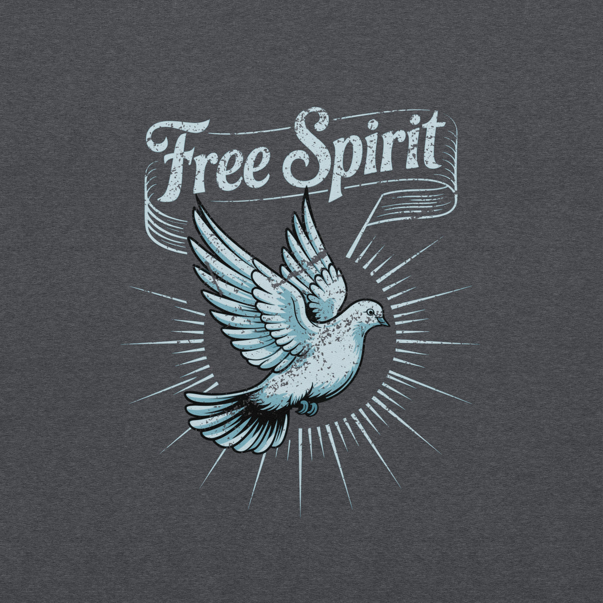 Hoodie unisexe Dark Heather vu de face, détail du design colombe et bannière « Free Spirit »