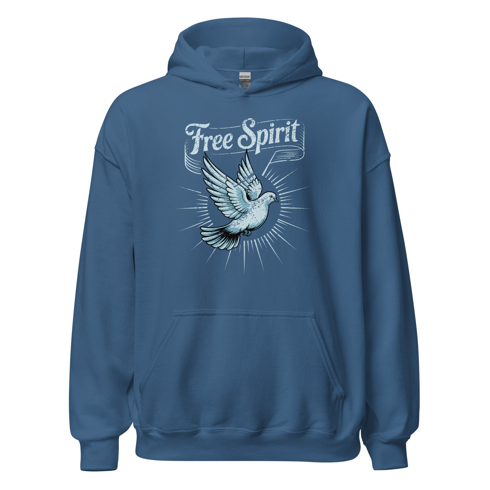 Hoodie unisexe bleu indigo vu de face, avec une colombe en vol et le slogan « Free Spirit » imprimé sur la poitrine