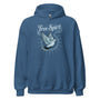 Hoodie unisexe bleu indigo vu de face, avec une colombe en vol et le slogan « Free Spirit » imprimé sur la poitrine