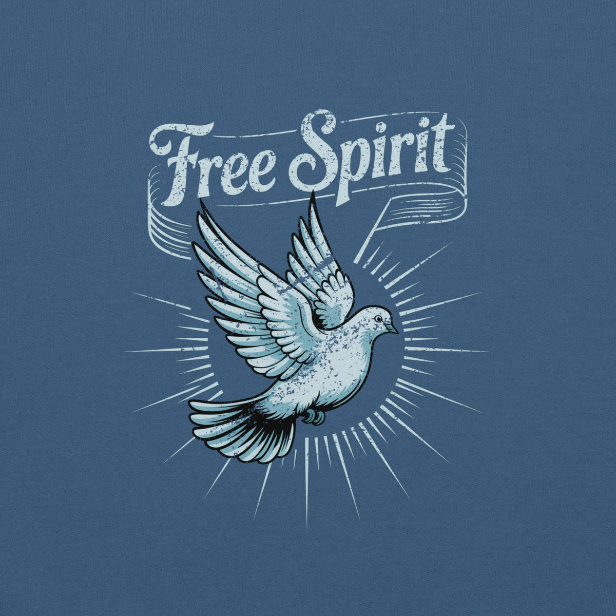 Hoodie unisexe bleu indigo vu de face, détail de la colombe rayonnante et du lettrage « Free Spirit »
