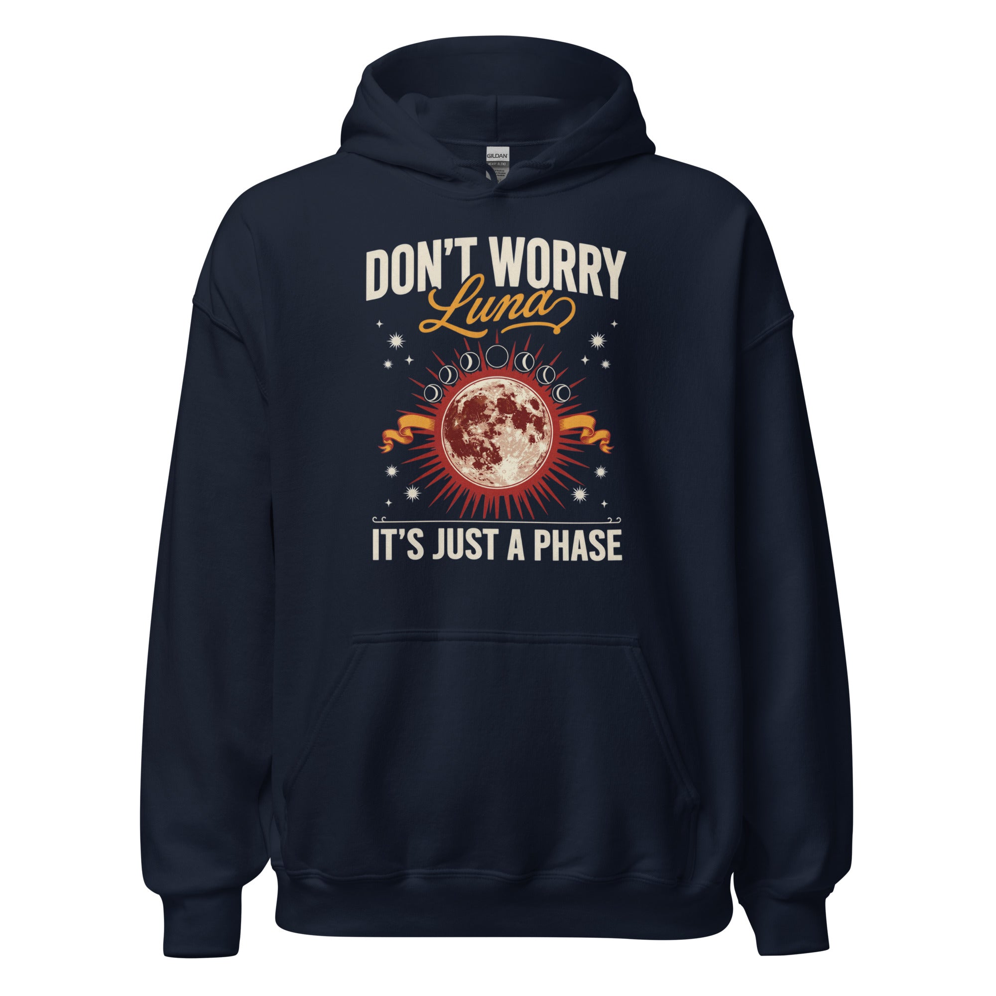 Hoodie unisexe bleu marine, vue de face, imprimé d'une pleine lune rouge entourée de phases de lune avec le slogan « DON'T WORRY Luna IT'S JUST A PHASE »