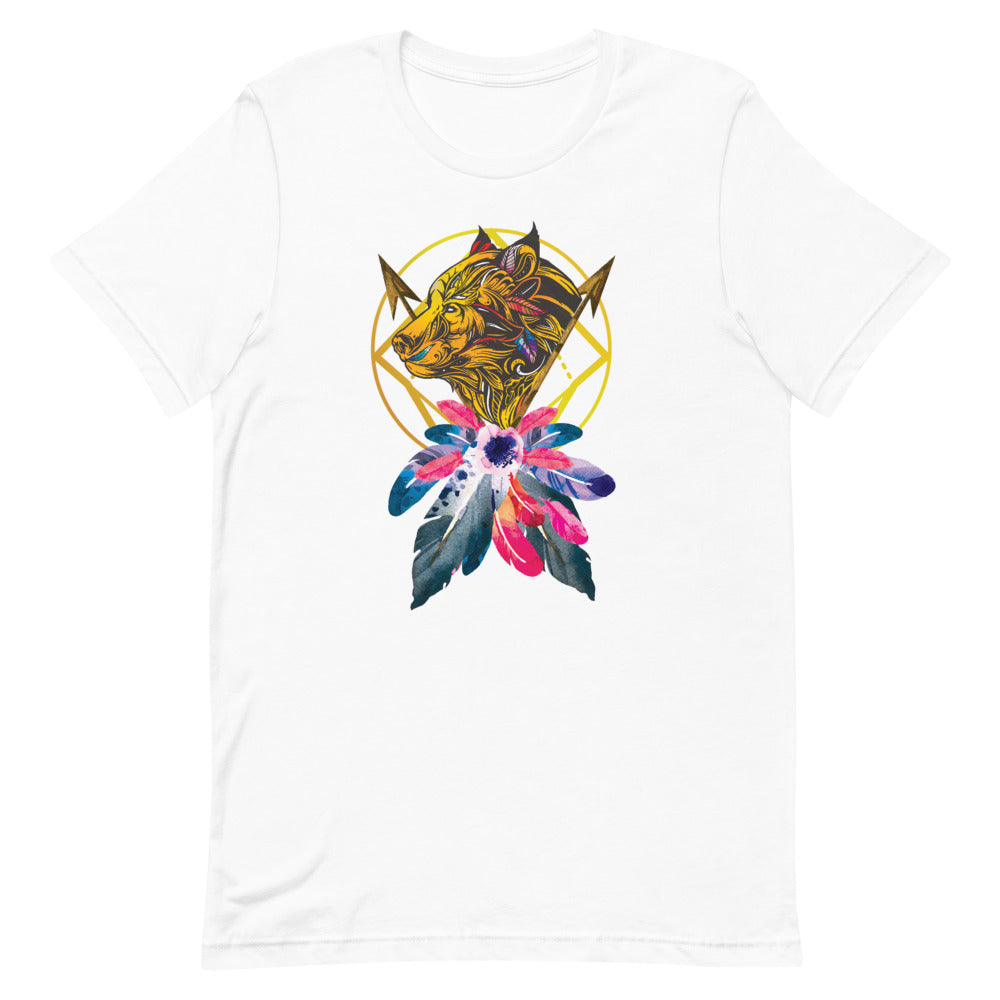 T-shirt Loup Plumes Géométriques – Bohème et Majestueux
