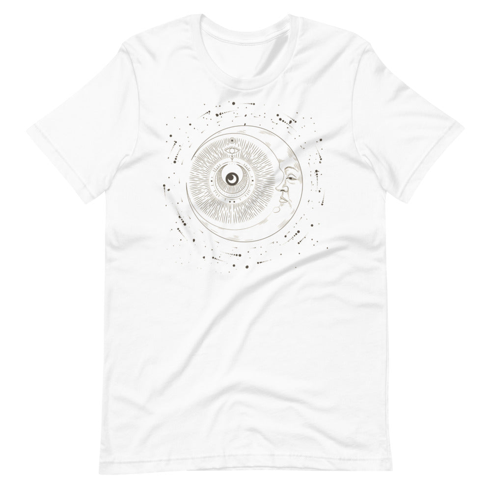 T-shirt Lune avec Visage et Motifs Cosmiques – Bohème et Éthéré