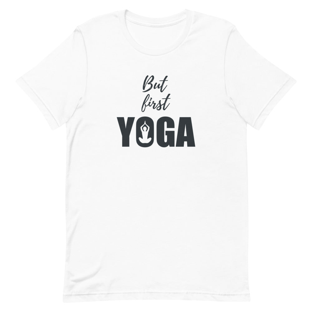 T-shirt "But First Yoga" avec Silhouette Méditative – Décontracté et Inspirant