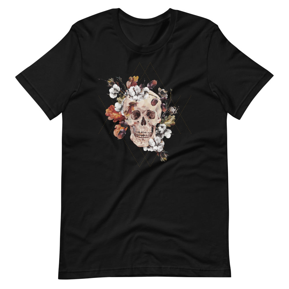 T-shirt avec Crâne et Fleurs Automnales – Évocateur et Floral