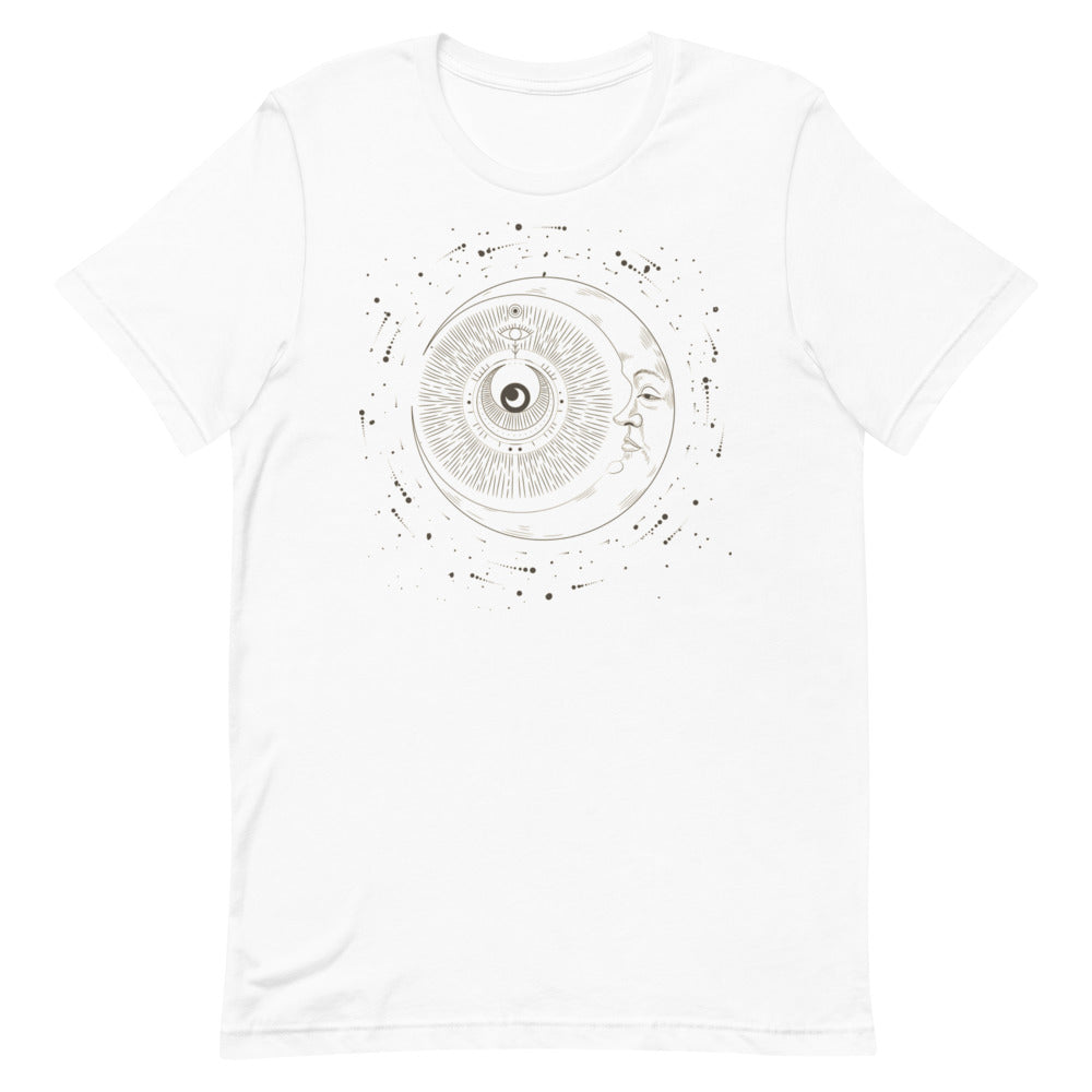 T-shirt Lune avec Visage et Motifs Cosmiques – Bohème et Éthéré