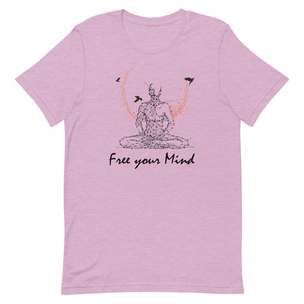 "Free Your Mind" T-shirt with Meditative Silhouette and Birds – Free and Cosmic