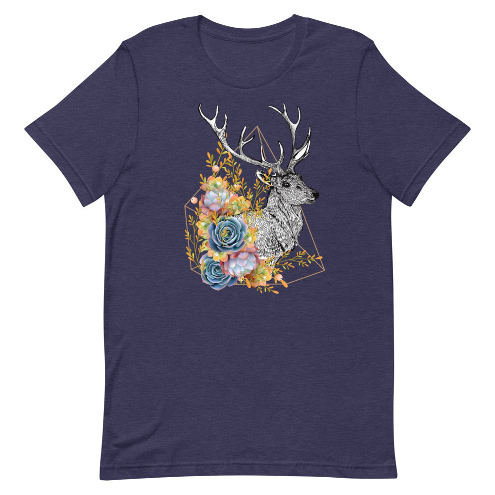 T-shirt Cerf Fleurs Géométriques – Bohème et Élégant