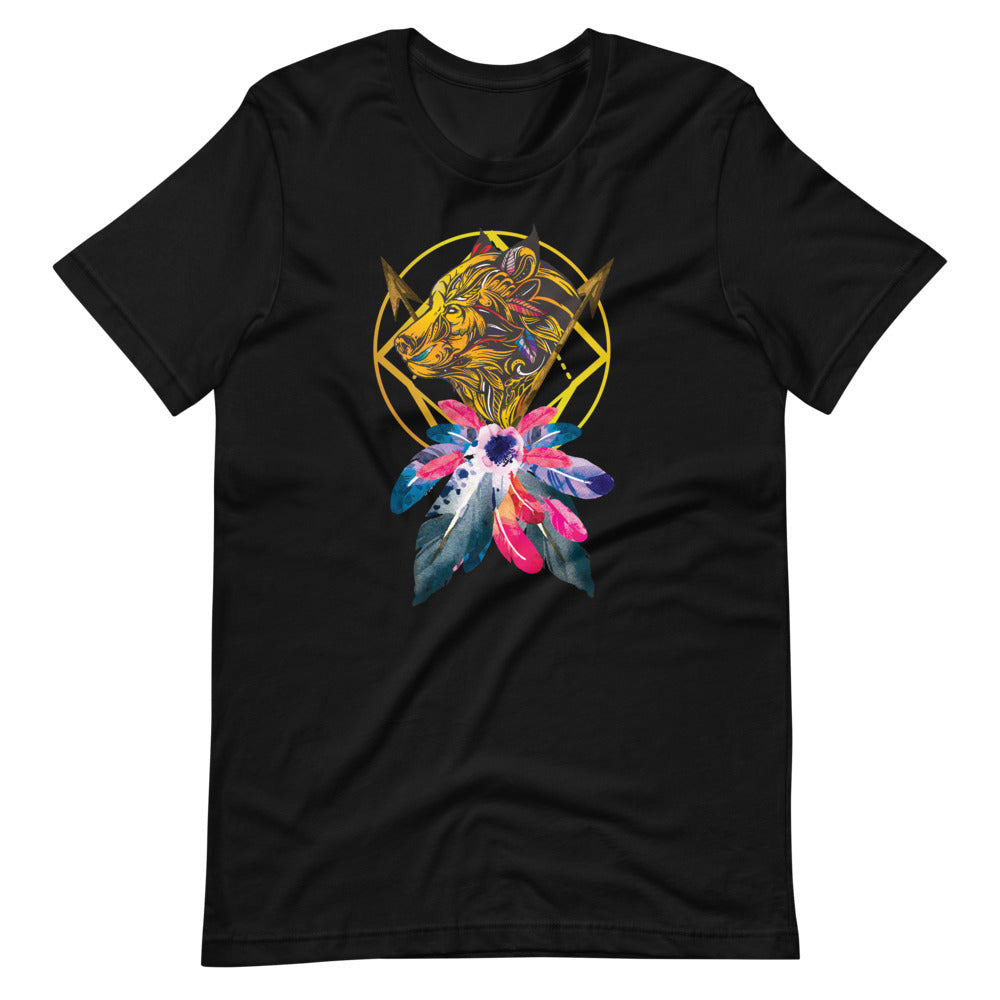 T-shirt Loup Plumes Géométriques – Bohème et Majestueux