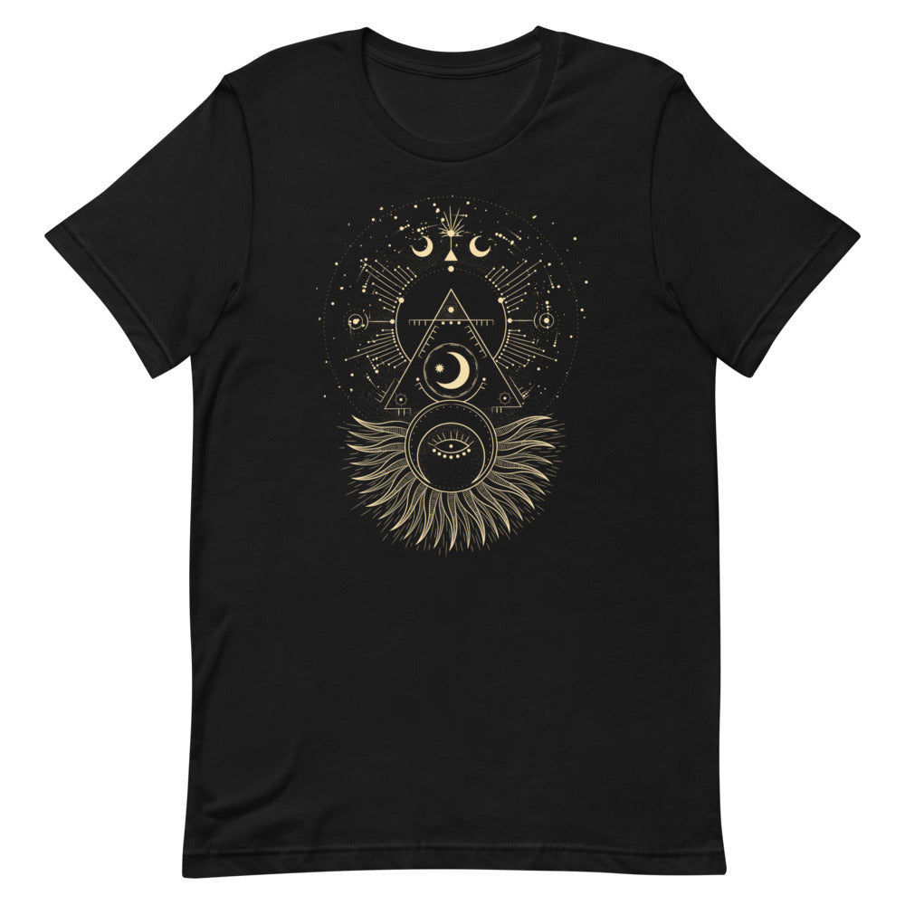 T-shirt Soleil Lune et Motifs Géométriques – Bohème et Cosmique
