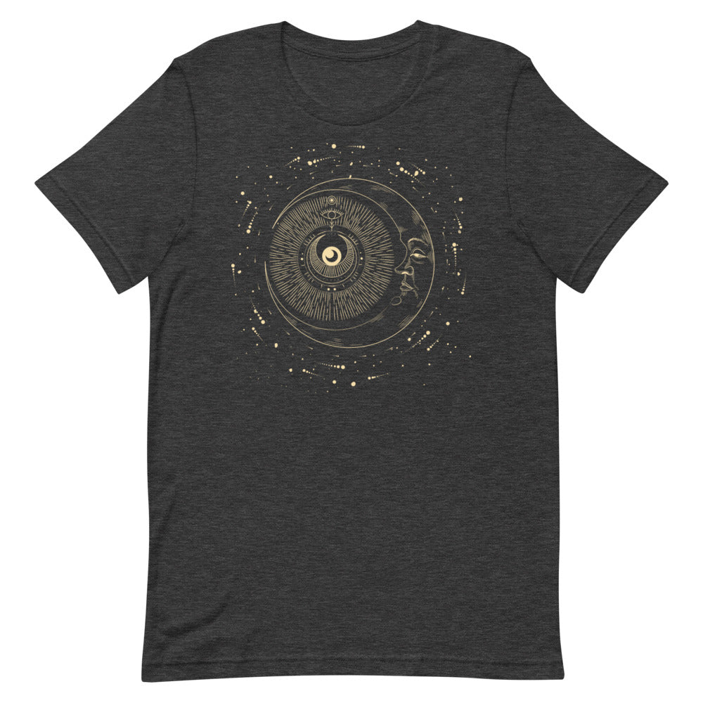 T-shirt Lune avec Visage et Motifs Cosmiques – Bohème et Éthéré