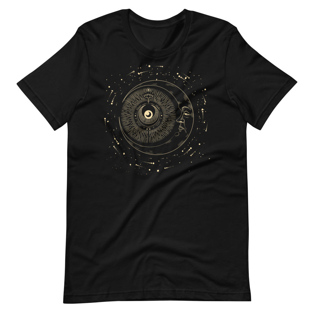 T-shirt Lune avec Visage et Motifs Cosmiques – Bohème et Éthéré