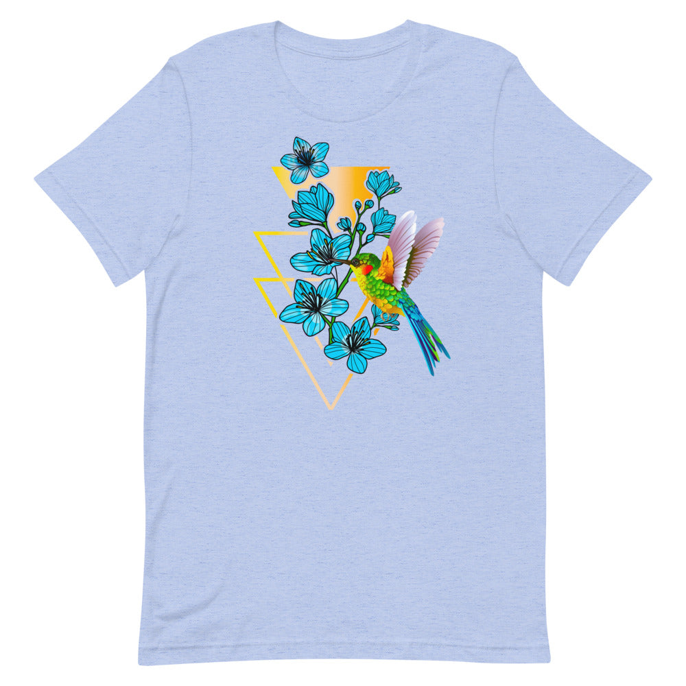 T-shirt Colibri Fleurs et Cadre Géométrique – Bohème et Énergique